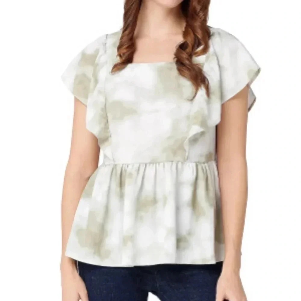 Du Jour effortless style ruffle peplum blouse tye dye‎ cream & olive green Large